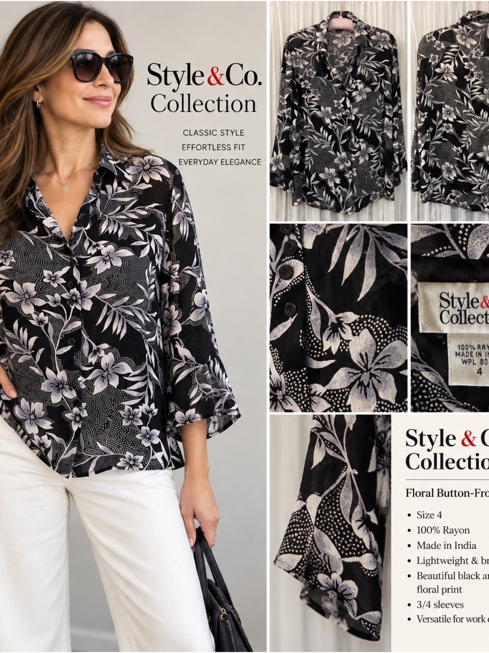 Style & Co. Black and White Floral Button-Front Blouse
